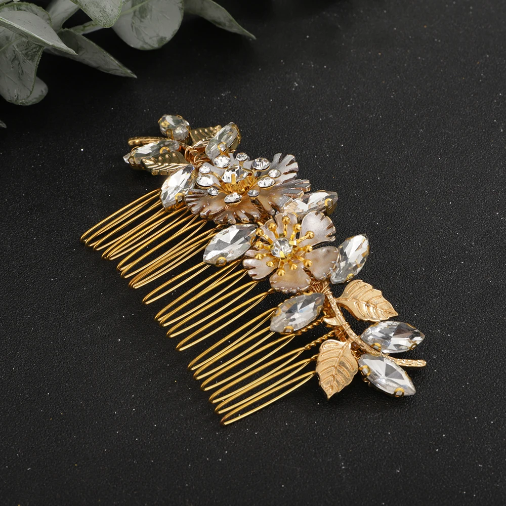 Gold Flower Rhinestone Bridal Hair Comb Leaf Wedding Head Jewelry Accessories Women Trendy Handmade Headpiece Ornaments Tiaras 7 S00c854a87e1b4ebe901e79ec239aff9d5