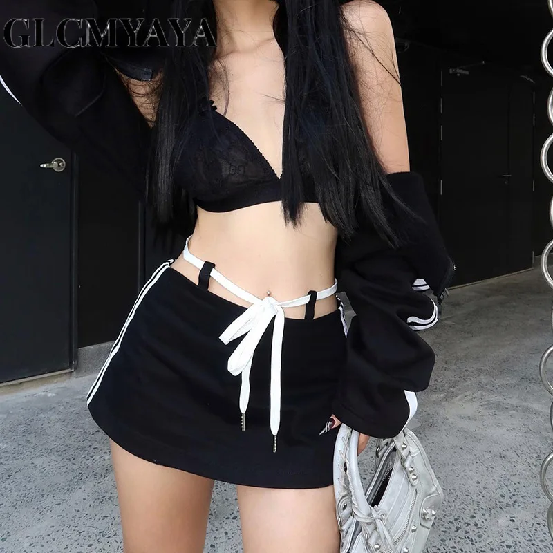 

GLCMYAYA Women Streetwear Spliced High Waist Hollow Out Solid Slim Culottes 2023 INS Summer Fashion Basics Bandage Skirts