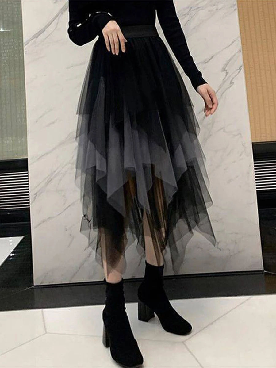 

Women Sheer Mesh Tulle Skirt Contrast Color Elastic High Waist Irregular Hem Layered Pleated Tutu Skirt Grunge Streetwear