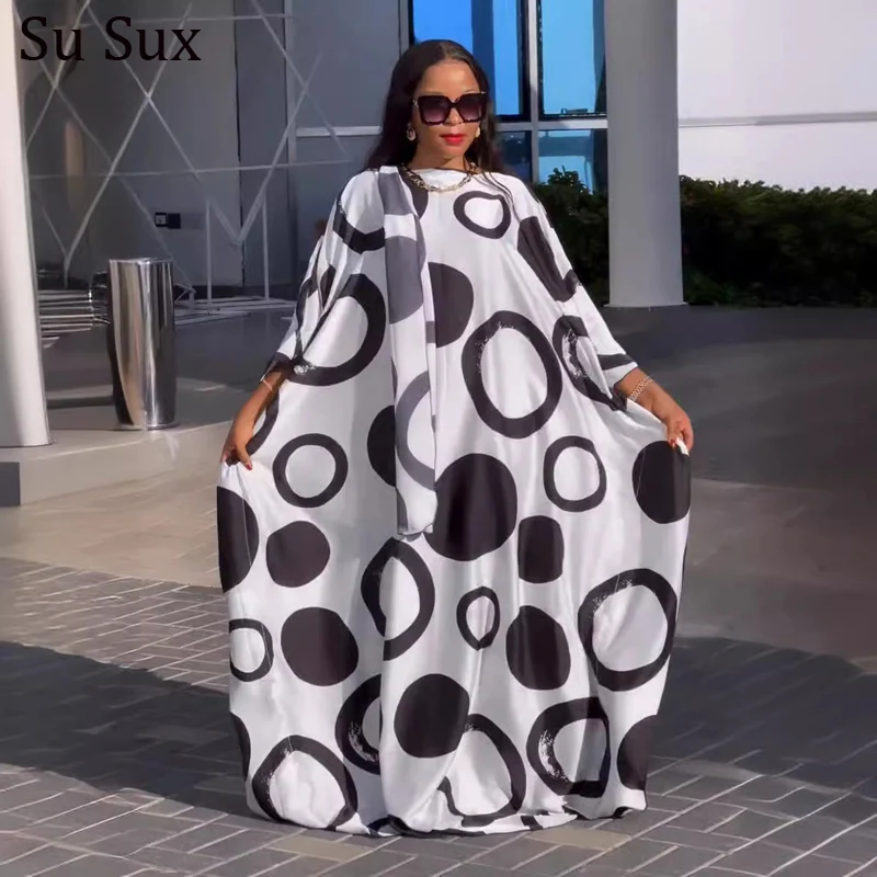 

African Dresses For Women Dashiki Polka Dot Print Maxi Dress Robe Africa Clothing Plus Size Bat Sleeve Dress and Scarf 2024 New