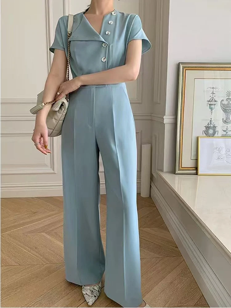 2023 New Summer For Women Jumpsuit Elegant Fashion Short Sleeve High Waist Long Wide Leg Rompers Office OL Lady Clothes 
2023 New Summer For Women Jumpsuit Elegant Fashion Short Sleeve High Waist Long Wide Leg Rompers Office OL Lady Clothes