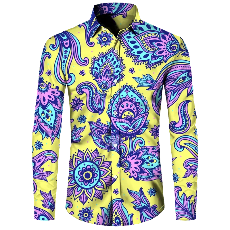 

Fashion Men's Shirt Paisley Cashew Flower 3D Print Turn-down Collar Button Long Sleeve Tops Vintage Men Women Streetwear Clothes