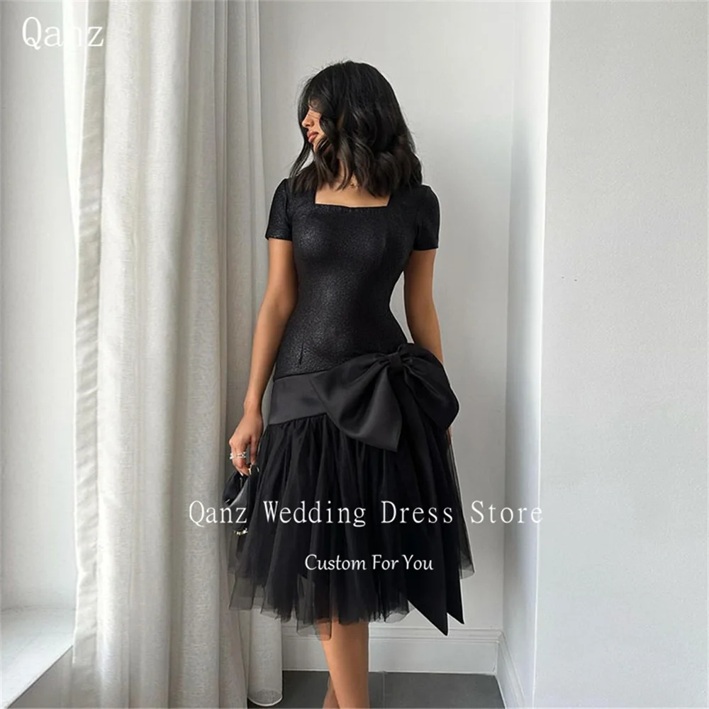 

Qanz Arab Black Prom Dress Short Sleeves Vestidos De Fiesta Elegantes Para Mujer 2024 Knee Length Mermaid Tulle Party Dresses