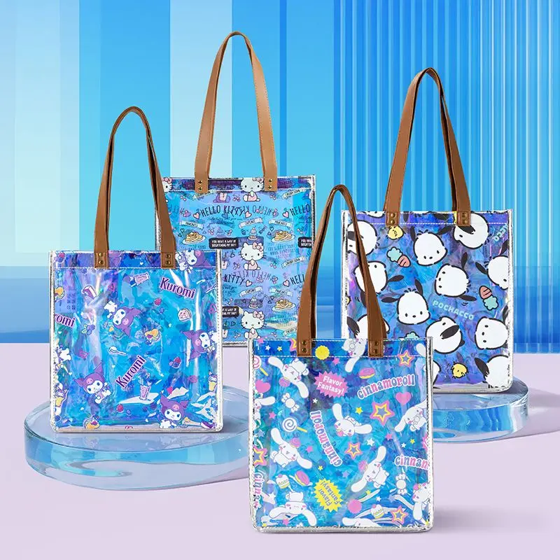 

MINISO Sanrio Shoulder Bag HelloKitty Kuromi Cinnamoroll Pochacco Color Laser Bag PVC Cartoon Handbag Tote Casual Shopping Bag