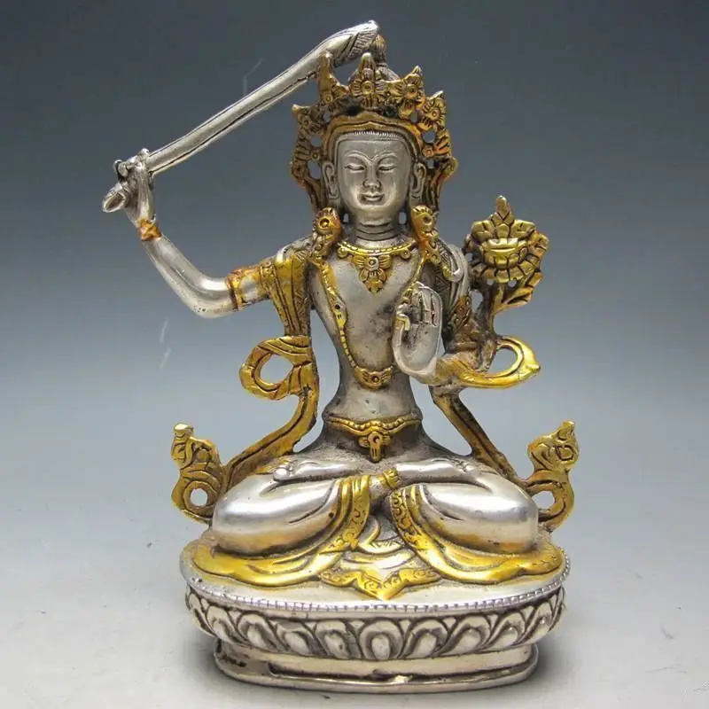 

Elaborate Chinese White Copper Gilt Tibetan Buddhism Statue --- Manjushri Buddha