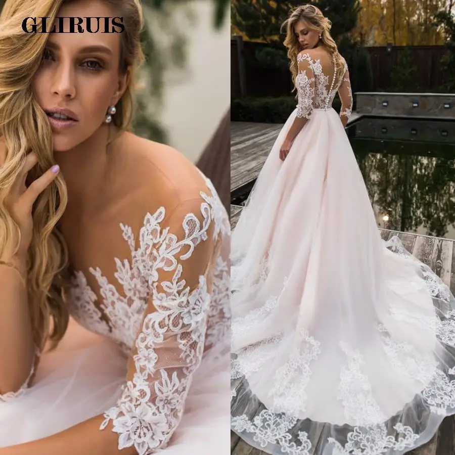 

See Through Wedding Dress Half Sleees Blush Pink Long Train Sexy Back Bridal Gowns vestidos de novia vintage