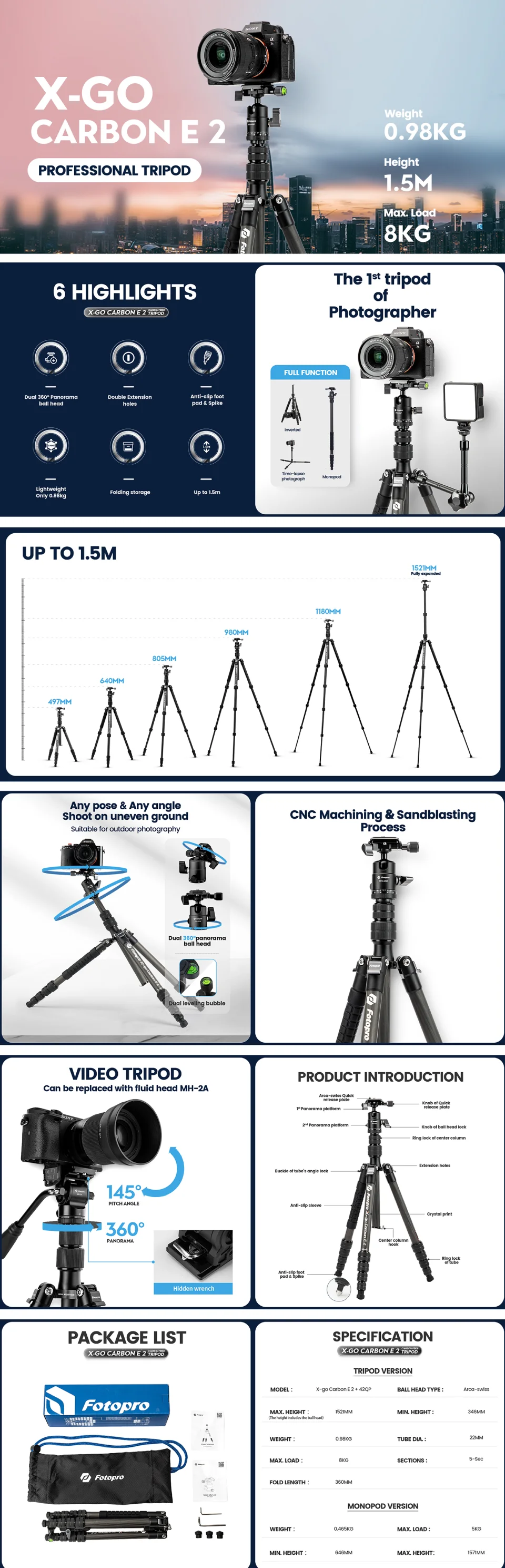 Fotopro 59" Carbon Fiber Travel Tripod Compact Camera Tripod for DSLR Smartphone Maxload 8KG X-GO E2 7 Fotopro 59" Carbon Fiber Travel Tripod Compact Camera Tripod for DSLR Smartphone Maxload 8KG X-GO E2 1
