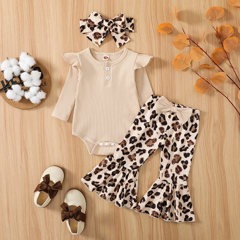 

0-12M Newborn Infant Baby Girls Spring Autumn Clothes Solid Color Ribbed Fly Sleeve Round Neck Romper + Leopard/Cow Flare Pants