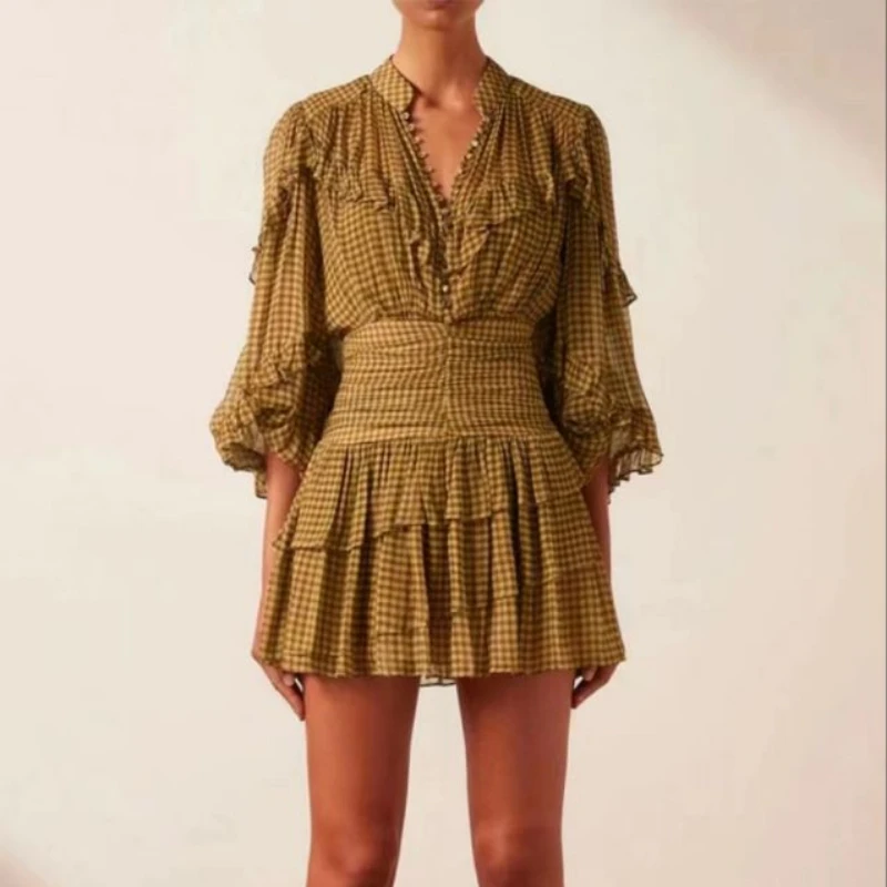 Stand Collar Plaid Print Long-sleeved Mini Dress Women's Fashion Commuter Ruffles Waist Pleated Elegant Short Robe 2023 New
Stand Collar Plaid Print Long-sleeved Mini Dress Women's Fashion Commuter Ruffles Waist Pleated Elegant Short Robe 2023 New
