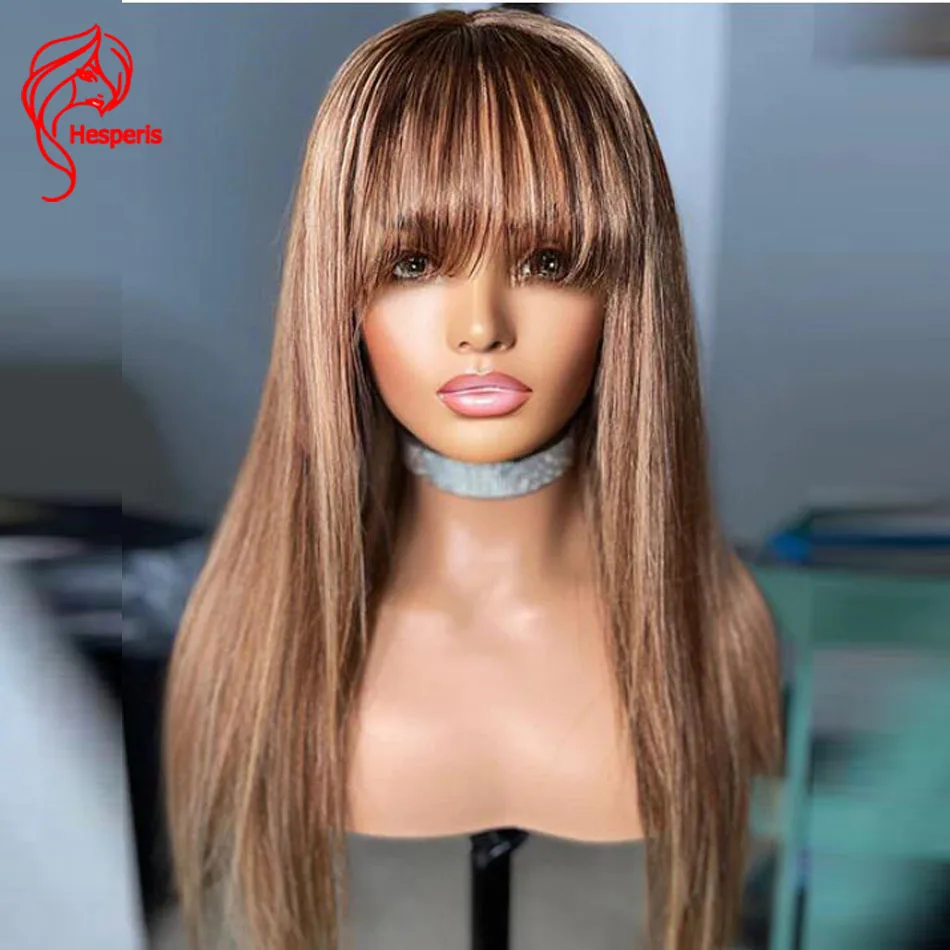 

Hesperis Highlight Brown Honey Blonde Straight Wig With Bangs Glueless Human Hair Wig With Fringe Full Machine Made Wear And Go