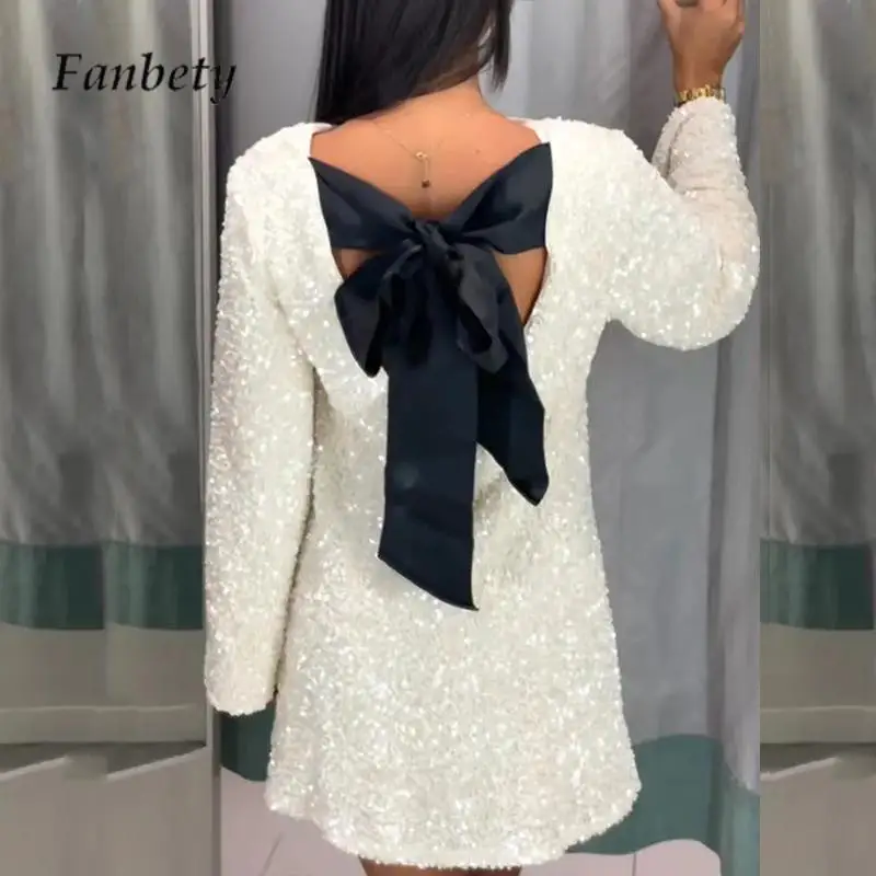 Autumn O Neck Long Sleeve Sequin Pullover Dress Sexy Backless Lace-up Bow Mini Dress Fashion Solid Color Loose Party Dress 2024
Autumn O Neck Long Sleeve Sequin Pullover Dress Sexy Backless Lace-up Bow Mini Dress Fashion Solid Color Loose Party Dress 2024