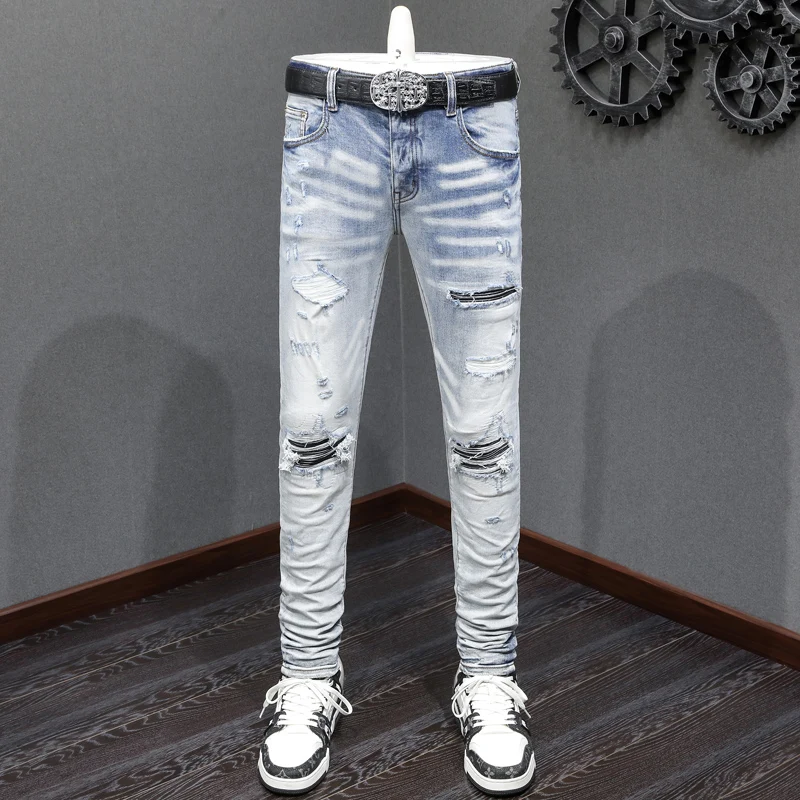

Street Fashion Men Jeans Retro Light Blue Leather Patched Skinny Fit Ripped Jeans Men Brand Designer Stretch Hip Hop Denim Pants