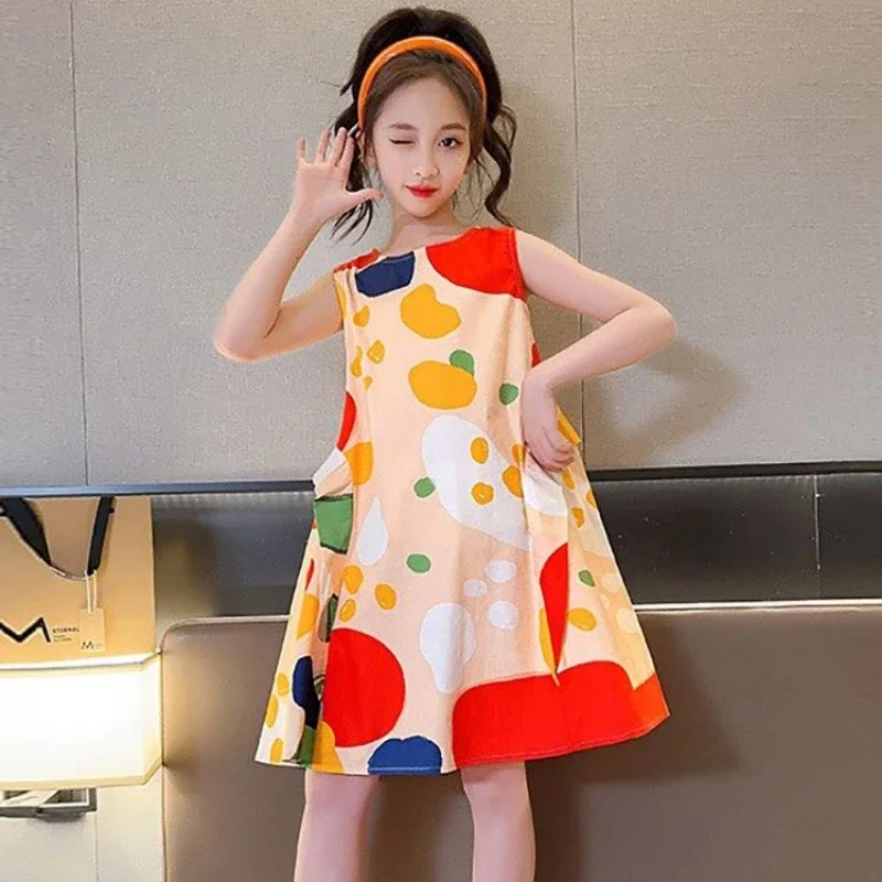 

Girls Summer Dress Girls Teen Clothing Graffiti Sleeveless Tank Top Fashion Princess Dress Kids Dresses for Girl 7 8 9 12 Years