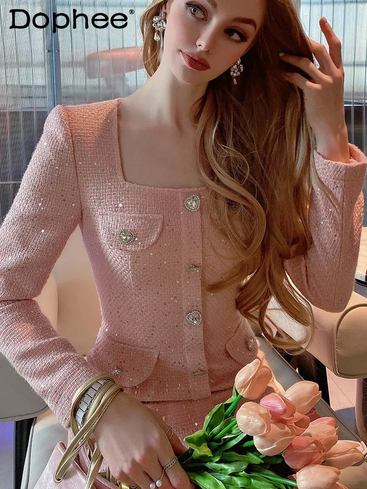 Rhinestone Buttons Sequined Pink Tweed Mini Dress Women Temperament Square Collar Long Sleeve Bodycon Dress 2023 Autumn Vestidos
Rhinestone Buttons Sequined Pink Tweed Mini Dress Women Temperament Square Collar Long Sleeve Bodycon Dress 2023 Autumn Vestidos
