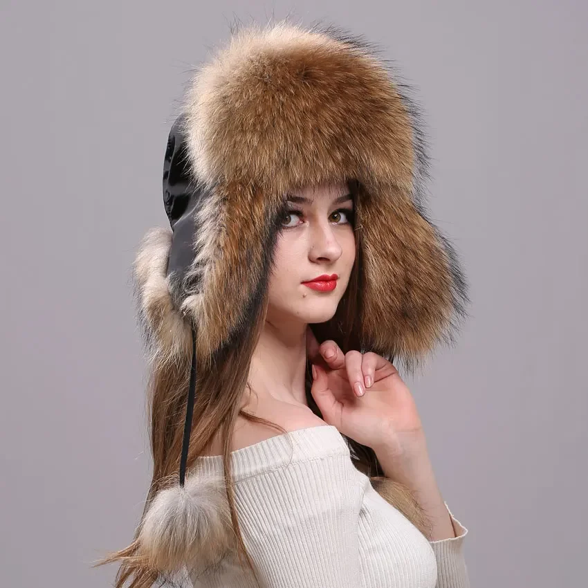 

Fur Hat for Women Natural Raccoon Fox Fur Russian Ushanka Fall Hat Winter Thick Warm Ears Fashion Bomber Cap Snow Skiing Bonnets