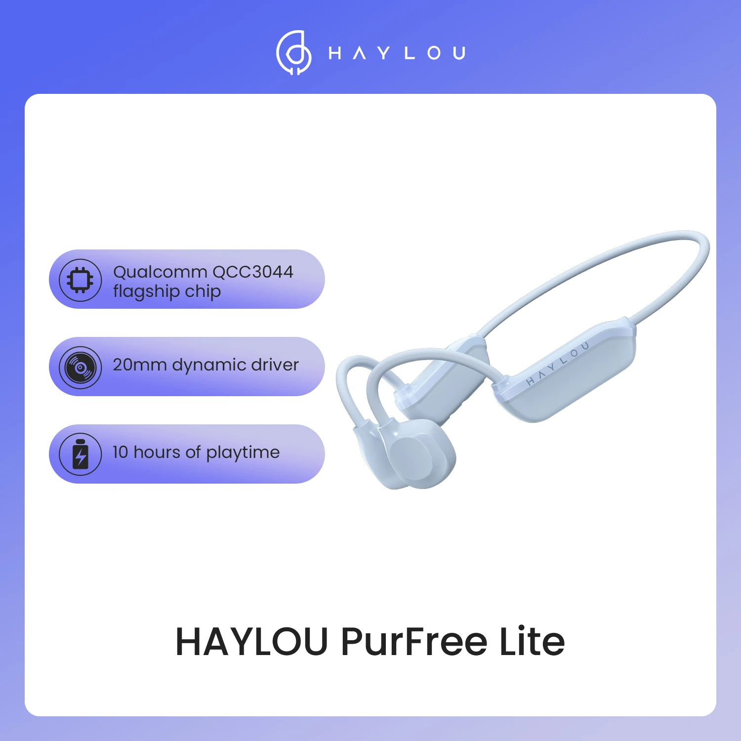 HAYLOU PurFree Lite Bone Conduction Earphone Wireless Sports Headphones Open-ear fit Qualcomm QCC3044 10 Hours of Playtime
HAYLOU PurFree Lite Bone Conduction Earphone Wireless Sports Headphones Open-ear fit Qualcomm QCC3044 10 Hours of Playtime