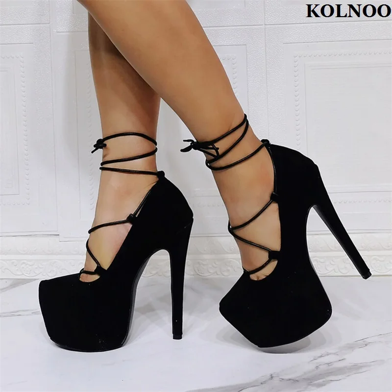 

Kolnoo New Real Photos Handmade Ladies High Heels Pumps Crisscross Shoelace Faux Suede Platform Evening Party Fashion Prom Shoes