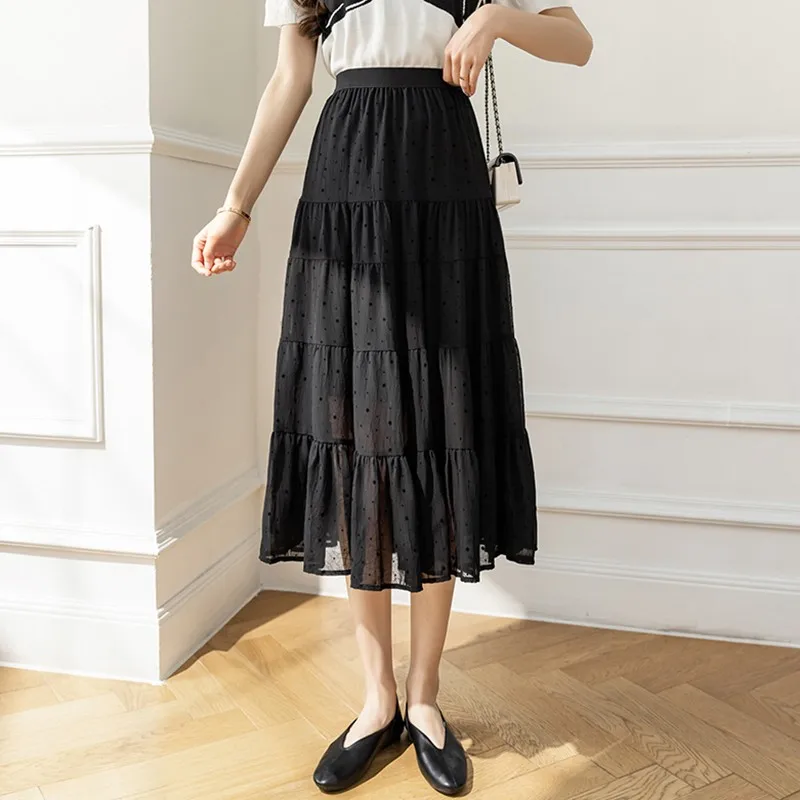 

High Waist A-line Long Dress Women New Arrival 2024 Spring Korean Style Polka Dot Basics Ladies Holiday Casual Dresses W1533