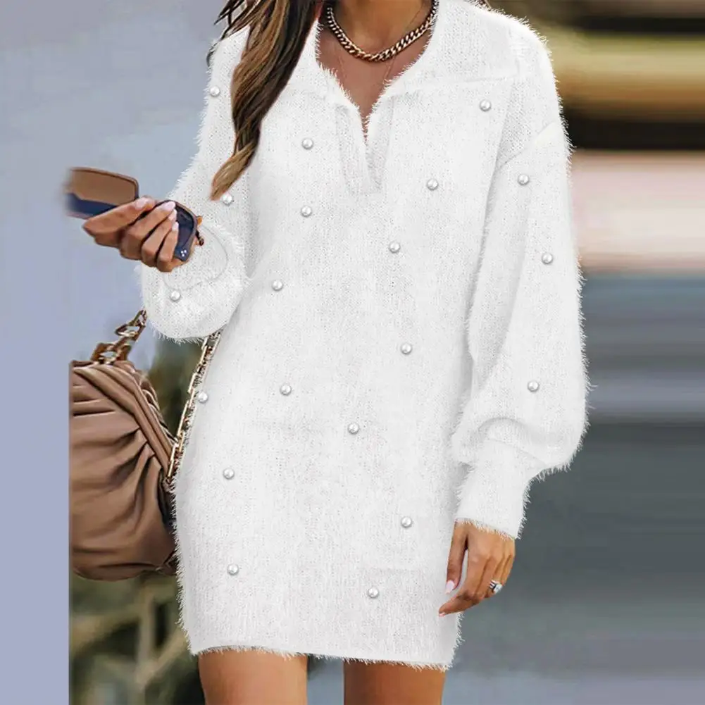

Winter Mini Dress Cozy Knitted Lantern Sleeve Mini Dress with Beaded Lapel for Fall Winter Soft Plush Warmth Slim Fit Pullover