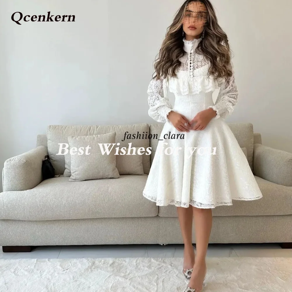 

Qcenkern High Neck Evening Formal Saudi Arabia Lace A-Line Long Sleeve White Party Dresses Gowns Women Robes de Soirée 2023