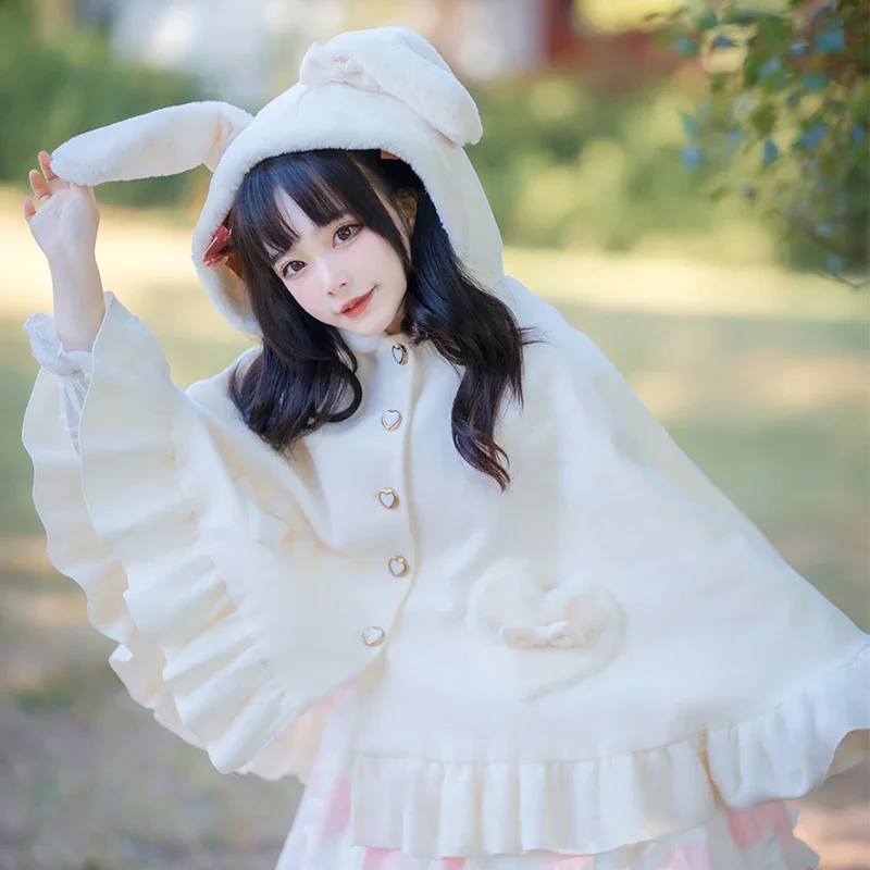 

Autumn Winter Kawaii Lolita Woolen Shawl Coat Women Sweet Bow Bunny Ears Heart Shaped Button Capes Plush Warm Poncho Outerwear