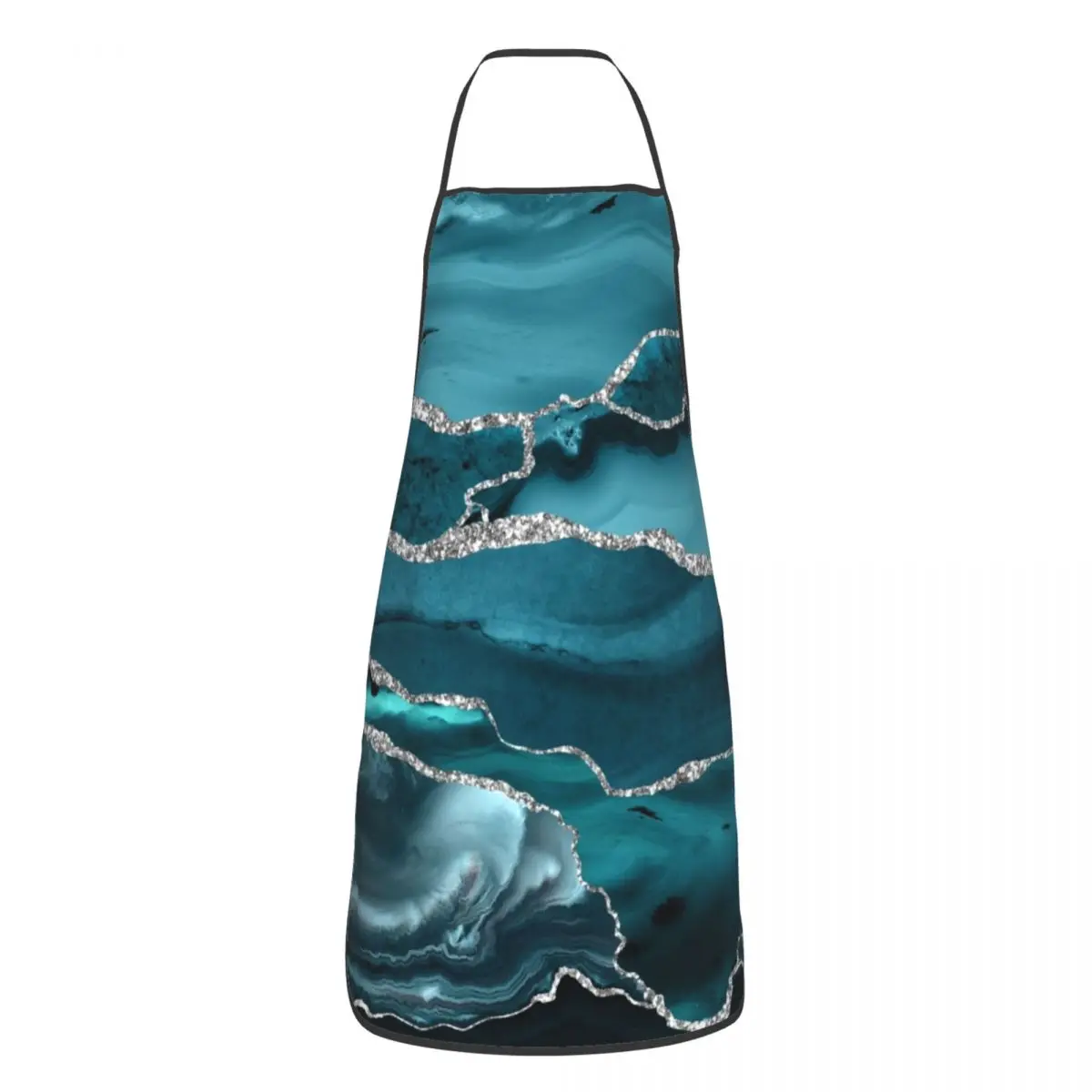 

Turquoise Marble With Silver Glitter Veins Apron Men Women Unisex Adult Chef Cooking Kitchen Marbled Texture Tablier Cuisine