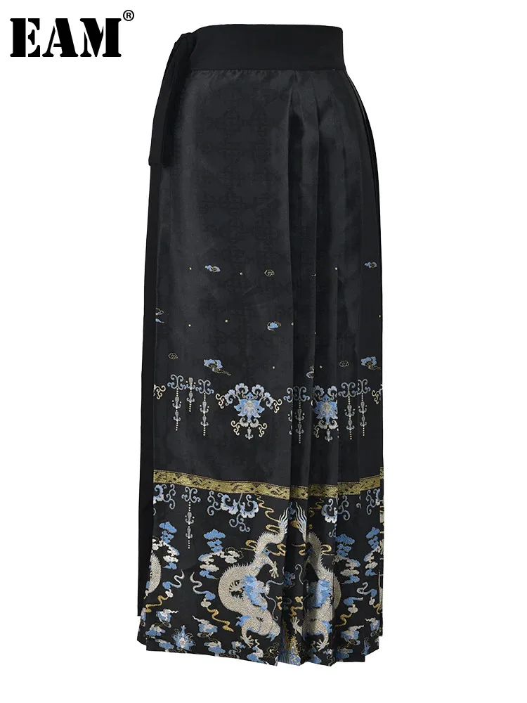 

[EAM] High Waist Black Pleated Bandage Jacquard Vintage Half-body Skirt Women Fashion Tide New Spring Autumn 2024 CPG0571
