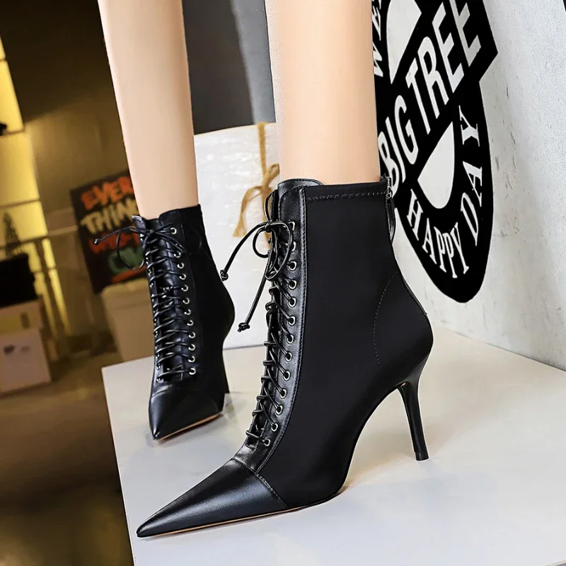 

Women's Fashion Sexy Slim Female Boots Women's Thin Heels High Heels Shallow Mouth Pointed Toe Lacing Cross Lacing Short Boots