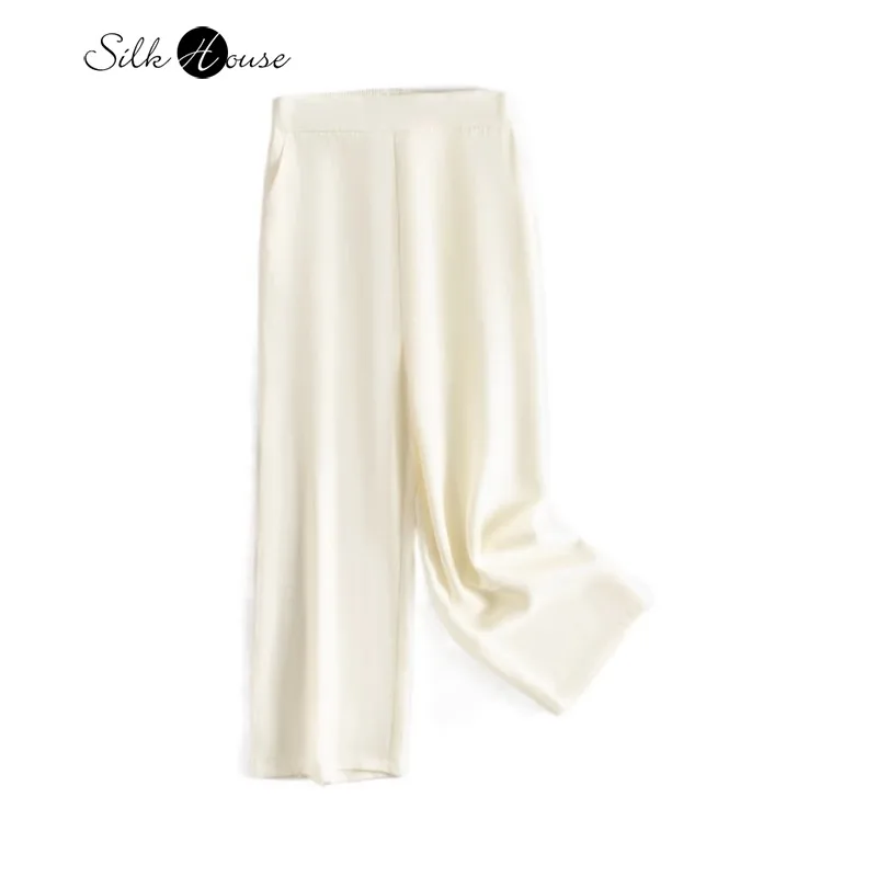 

2024 Women's Fashion Spring New 30MM Heavyweight 100%Natural Mulberry Silk Crepe De Chine Off White Elastic Waist Wide Leg Pants