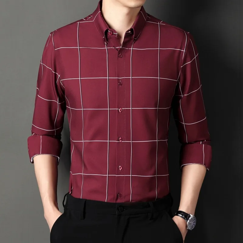 

Spring Autumn Men's Long Sleeve Plaid Shirt Fashion Business Casual Polo Neck Slim Fit Versatile Vertical Stripes Shirt