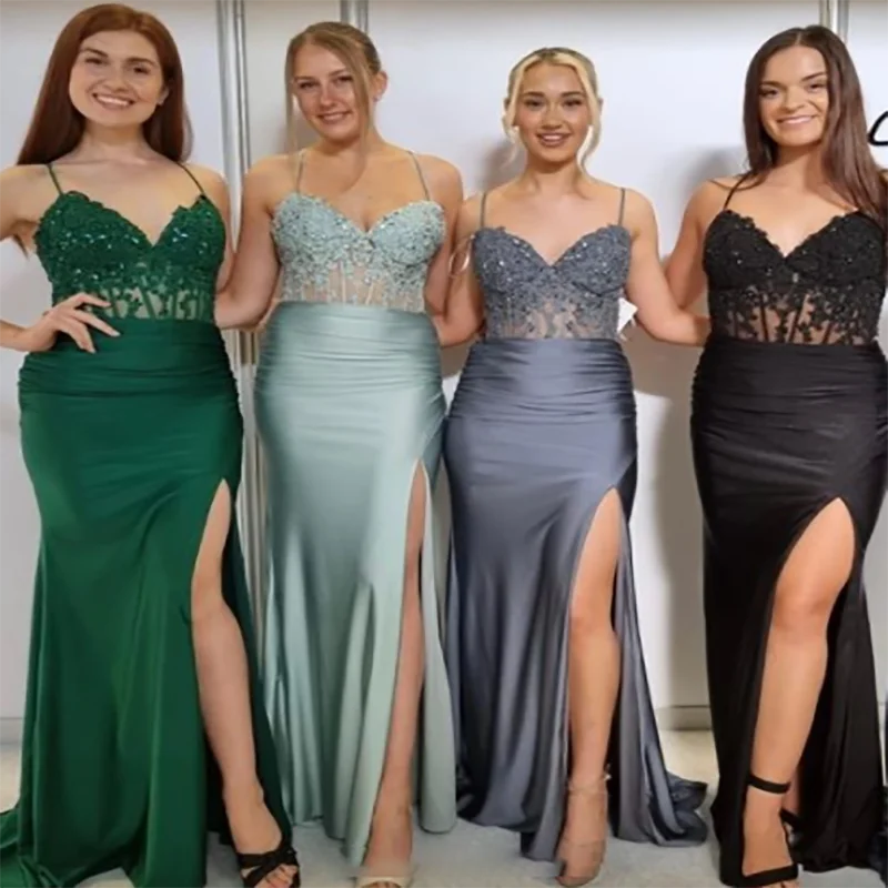 

Sexy Long Prom Dress With Slit Black Green Satin Dance Evening Dresses Elegant Spaghetti Straps Backless Lace Formal Party Gowns