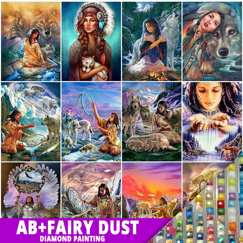 

AB Fairy Dust Diamond Painting 5D Animal Embroidery Wolf Rhinestone Mosaic Dreamcatcher Cross Stitch Decor Full Drill DIY Crafts