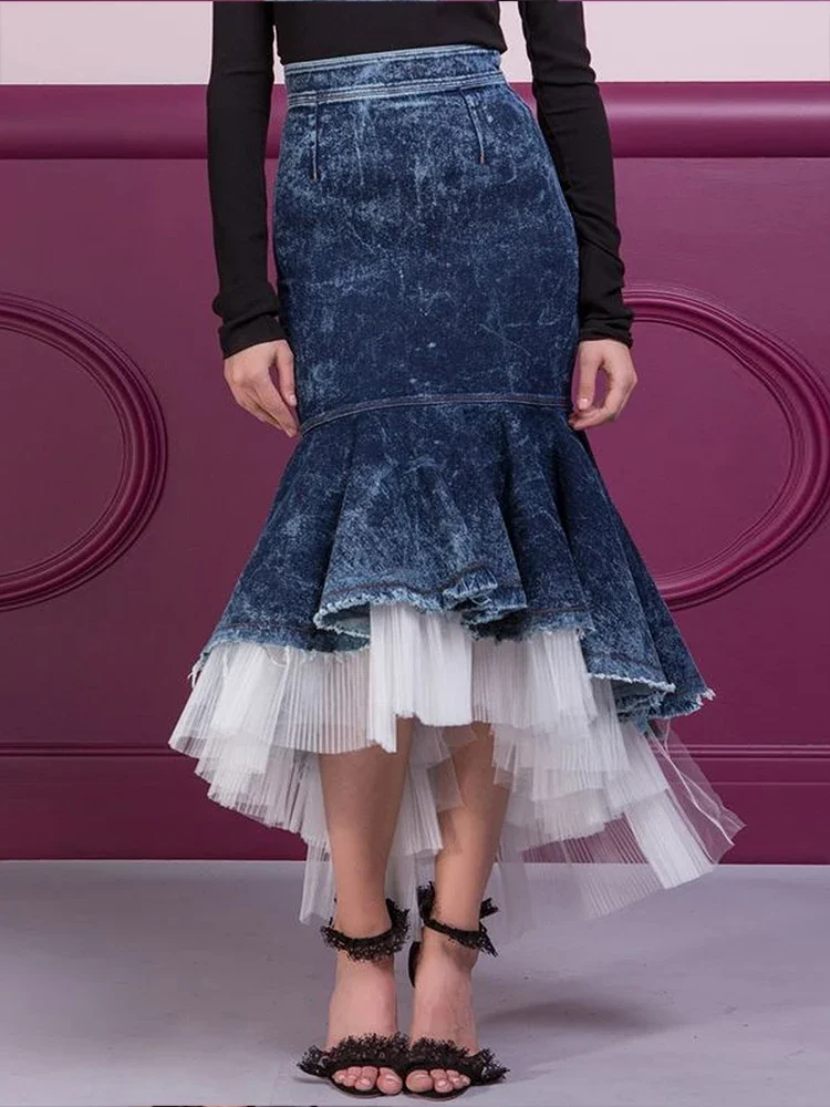 Elegant Women Mermaid Skirt Daily Denim Mesh Patchwork Ruffle Hem Bodycon High Waist Fashion Casual Office Ladies Slim Skirt
Elegant Women Mermaid Skirt Daily Denim Mesh Patchwork Ruffle Hem Bodycon High Waist Fashion Casual Office Ladies Slim Skirt