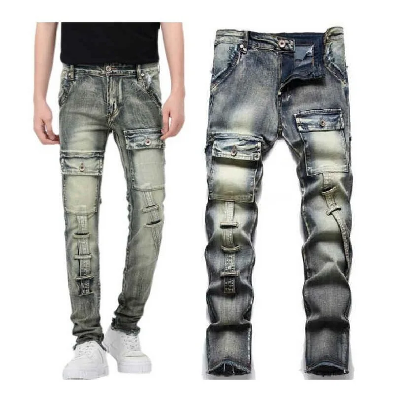 

Мужские обтягивающие джинсы с краями, потертые джинсовые брюки-карандаш, Молодежная уличная одежда, повседневные брюки с несколькими карманами