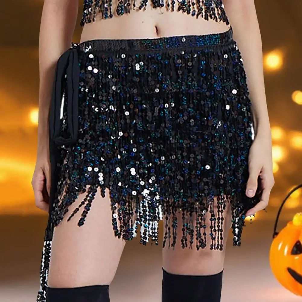 

Belly Dancing Skirt Shining Bohemia Style Short Belly Dancing Hip Wrap Fringed Sequin Tassels Dancer Skirt For Stage Show