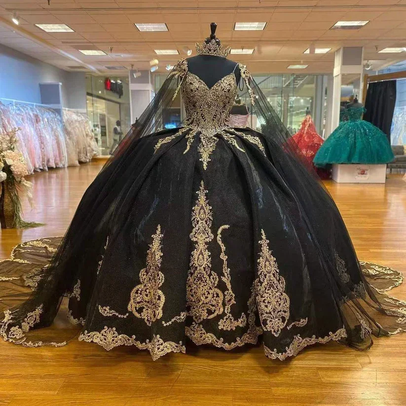 

Блестящее черное платье для Quinceanera с обертками и золотой аппликацией, принцесса, конфетное платье принцессы 16 дюймов, бальное платье XV 15 лет