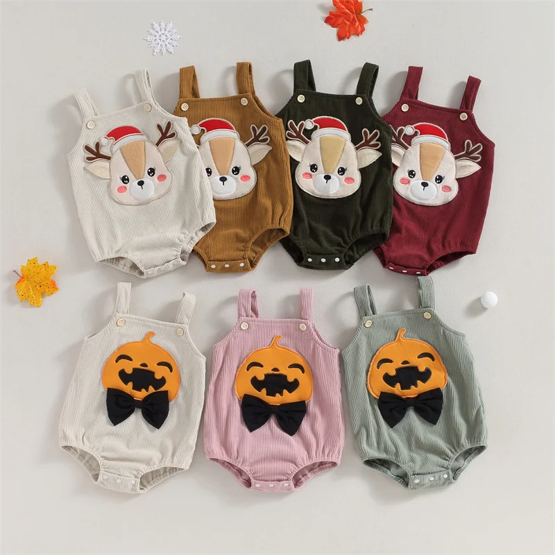 

Infant Christmas Elk/Halloween Pumpkin Embroidery Cartoon Clothes Baby Boys Girls Sleeveless Straps Corduroy Rompers Fall Winter