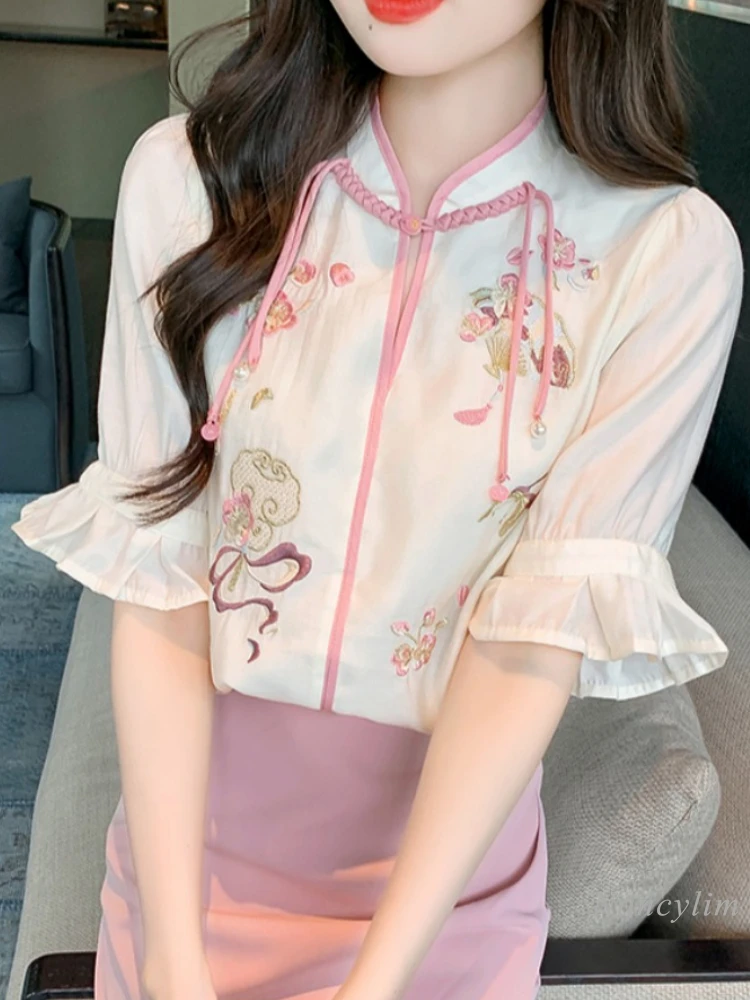 

Design Sense Niche Short Sleeve Temperament Shirt Women's Summer Top 2024 New Chiffon Blusas Beautiful Embroidery Blouse