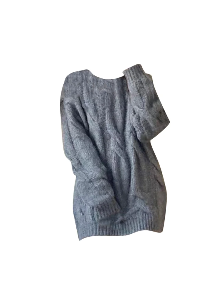 

Женский пуловер с круглым вырезом, серый простой вязаный джемпер для офиса, повседневный плотный теплый базовый Свитер оверсайз в стиле Харадзюку, Осень-зима