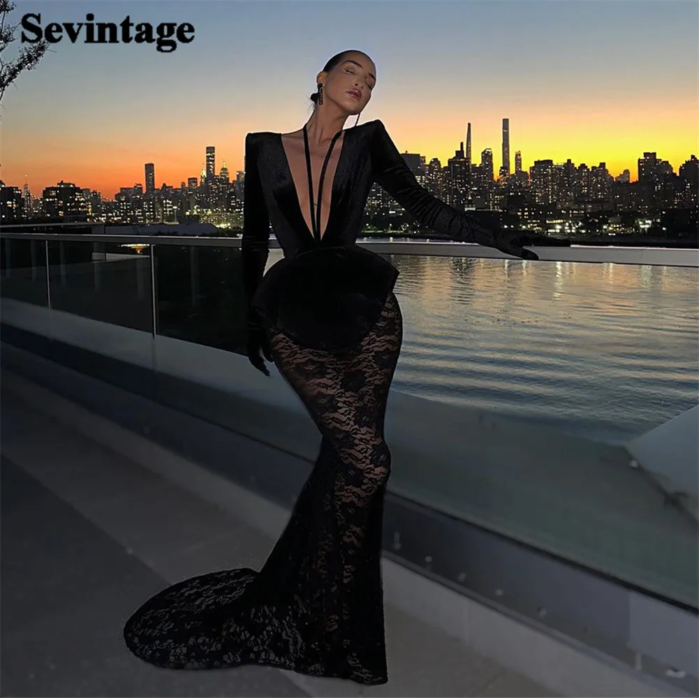 Sevintage Sexy Black Prom Dresses Mermaid Deep V-Neck Long Sleeves Lace Floor Length Sheath Party Gowns vestidos de gala 2024
Sevintage Sexy Black Prom Dresses Mermaid Deep V-Neck Long Sleeves Lace Floor Length Sheath Party Gowns vestidos de gala 2024