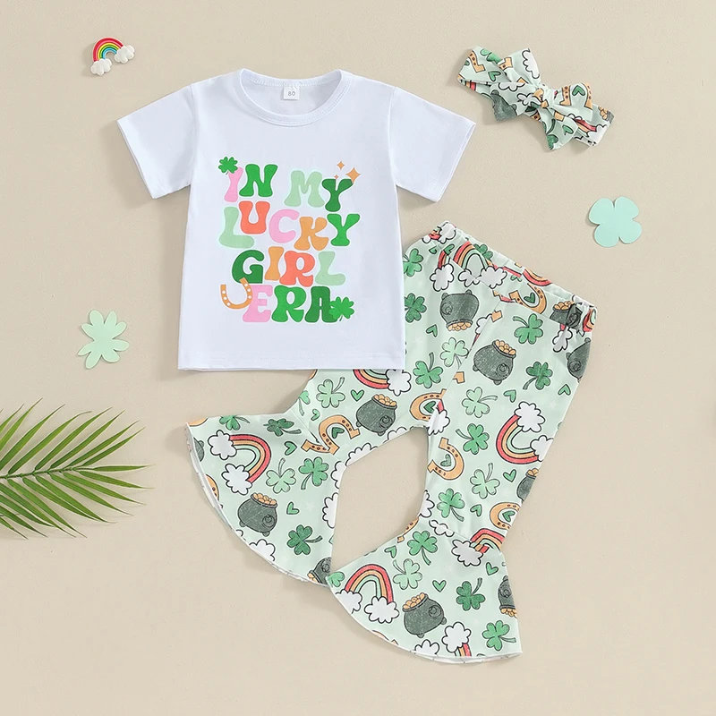 

Toddler Baby Girl St Patricks Day Outfit Letter Short Sleeve T Shirt Irish Shamrock Bell Bottoms Lucky Clothes
