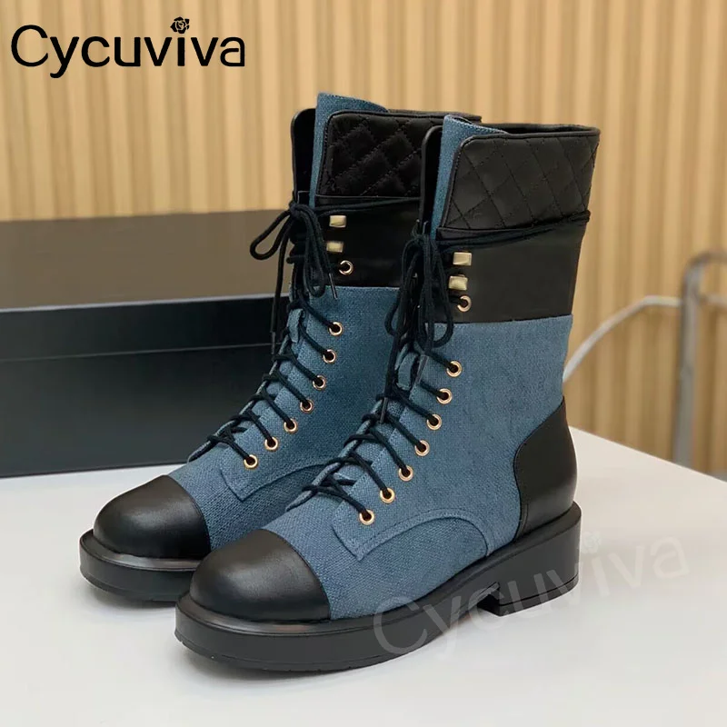 Runway Denim Patchwork Ankle Chelsea Boots For Women Square Heel Lace Up Short Boots Autumn Leather Flat Knight Boots Women
Runway Denim Patchwork Ankle Chelsea Boots For Women Square Heel Lace Up Short Boots Autumn Leather Flat Knight Boots Women