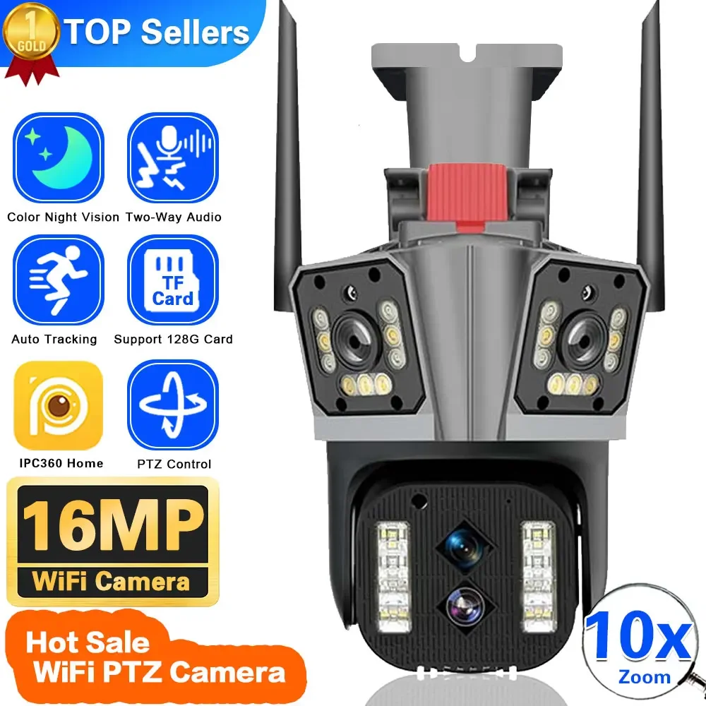 

8K 16MP IPC360 Camera Four Lens PTZ Wifi 10X Zoom Camera Three Screen Auto Tracking Two Way Audio Color Night Vision Security