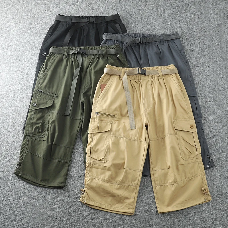 Шорты-карго мужские до колен, повседневные Хлопковые Бриджи с множеством карманов, укороченные брюки, свободные тактические штаны в стиле милитари, лето