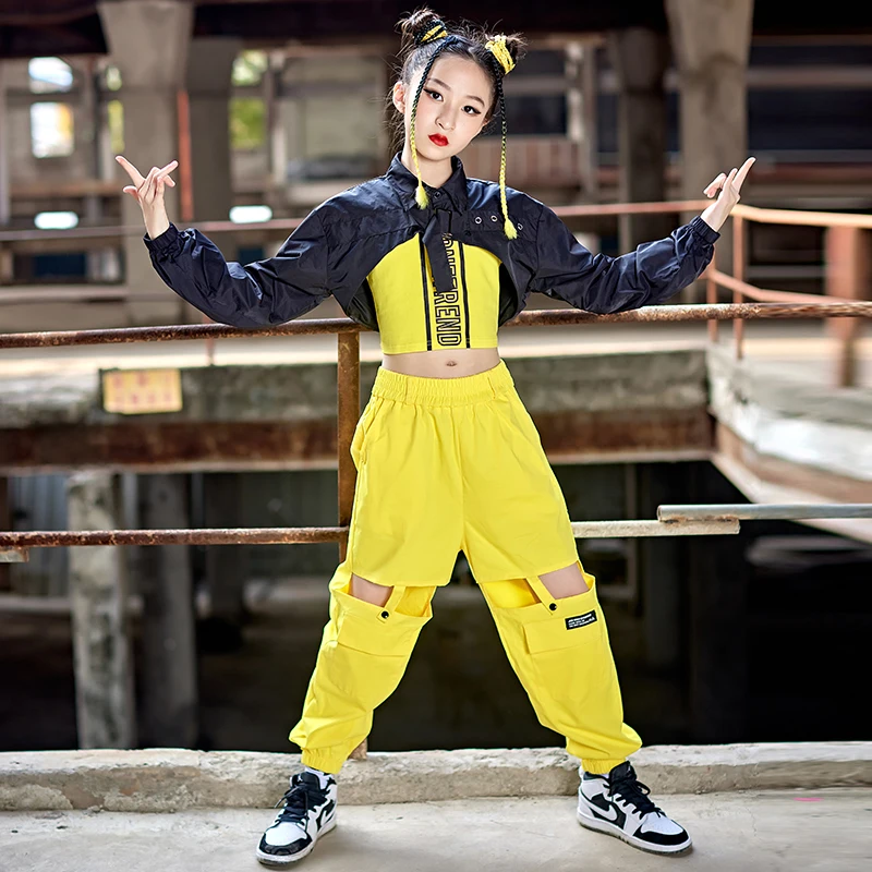 

Детский костюм для джазовых танцев для девочек, одежда в стиле хип-хоп, костюм для уличных танцев в стиле K-POP, укороченные топы, желтые брюки, костюм для выступлений в стиле хип-хоп, BL9148
