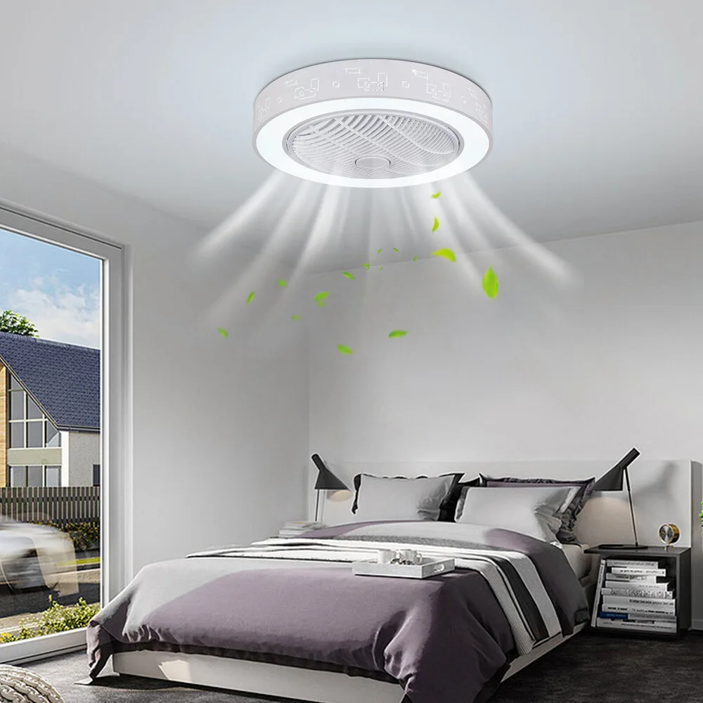 

Современный простой бесшумный проекционный потолочный вентилятор, диагональ 23 дюйма, круглая лампа с регулируемой яркостью 48 Вт для гостиной, 3 цвета, с дистанционным управлением, 3000-4500-6000K