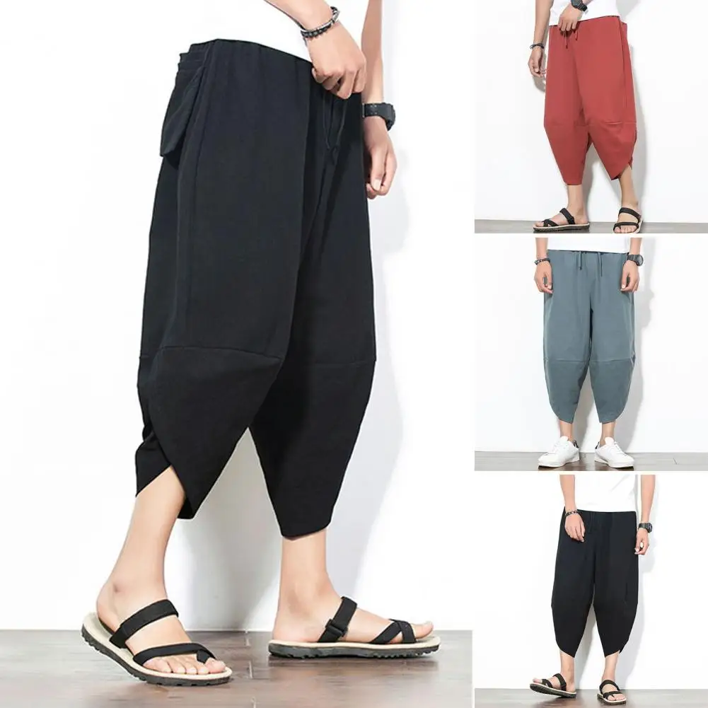 

Men Pants Japanese Style Mid-calf Harem Trousers with Crotch Multi Pockets for Wear Men's Loose Summer Pants Cropped for Men