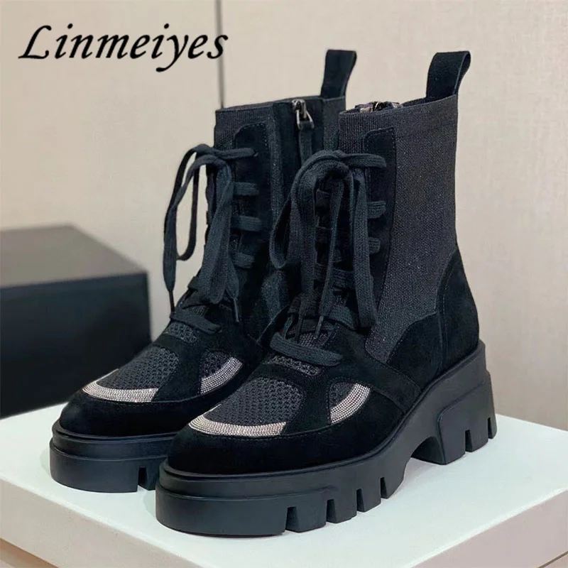 

Thick Sole Motorcycle Boots Woman Round Toe Lace Up Knight Boots String Bead Flat Shoes Suede Patchwork Knit Short Boots Women
