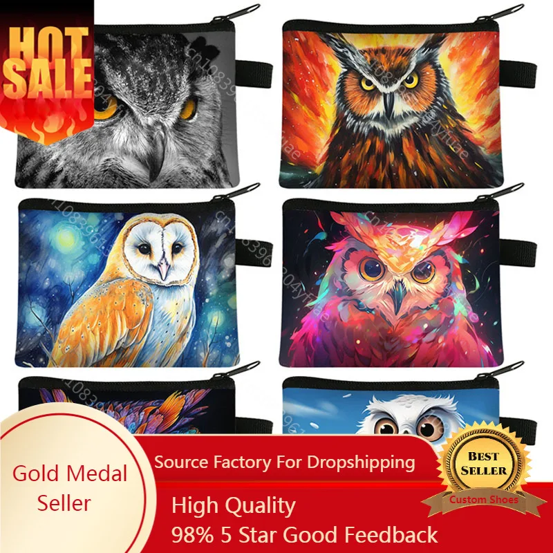 

Cartoon Owl Illustration Coin Purse Cute Snowy Owl Colorful Crayon Painting Small Wallet Man Women Credit Holder Money Bags Gift