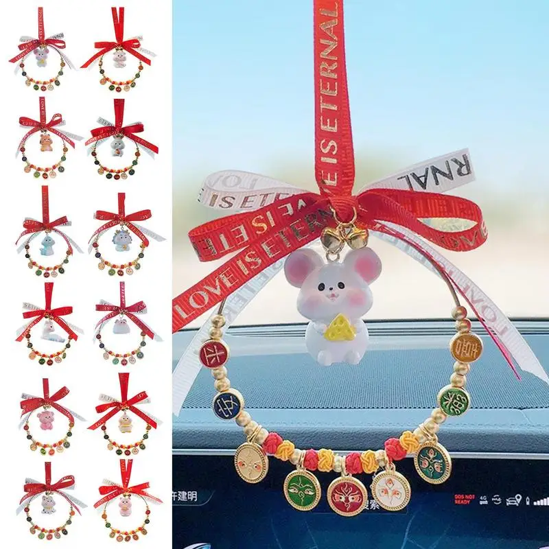 

Zodiac Car Ornament Twelve Zodiac Swinging Car Decor Resin Rear View Mirror Decor Chinese Style Lucky Car Charm Mirror Pendants